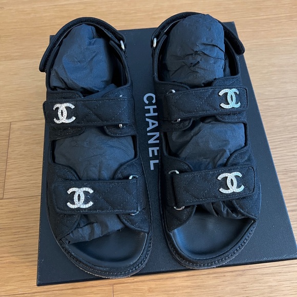 Chanel Dad Sandals Canvas CC Logo in Black 37.5 - Picture 1 of 9